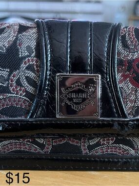 Sharif Black & Red Jacquard Shoulder Bag with Logo Plaque